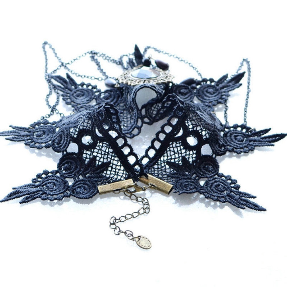 Black Victorian Lace Chain Tassel Choker Necklace - Picture 5 of 5